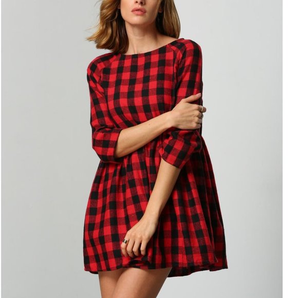 SHEIN Dresses & Skirts - SHEIN red & black plaid smock dress 3/4 sleeve L